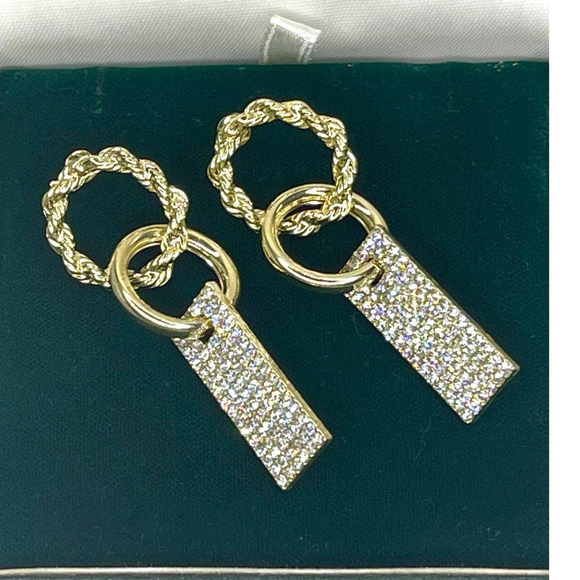 Hoop & Panel Earrings 2” Drop Dangle Gold C Z S17 - Picture 1 of 4